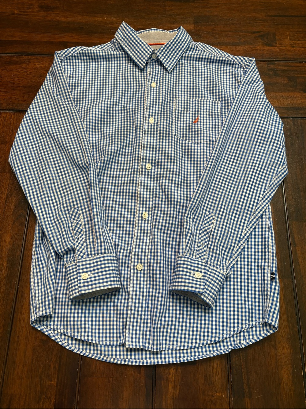 Boys Nautica blue/white cotton & polyester button-up dress shirt, Size L